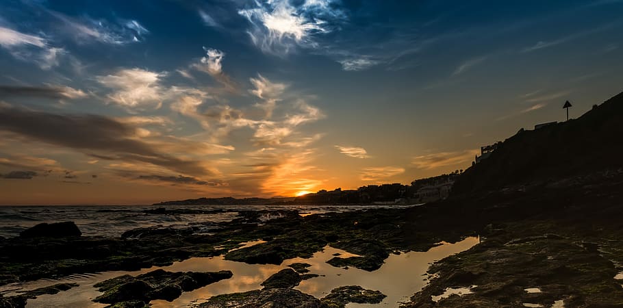 Sunset, Beach, Blue, Sky, Orange, costa, waves, clouds, mijas HD wallpaper