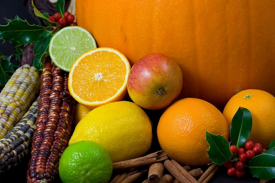Autumn, Fall, Fruit, Citrus, Apple, orange, lime, holly, food HD wallpaper