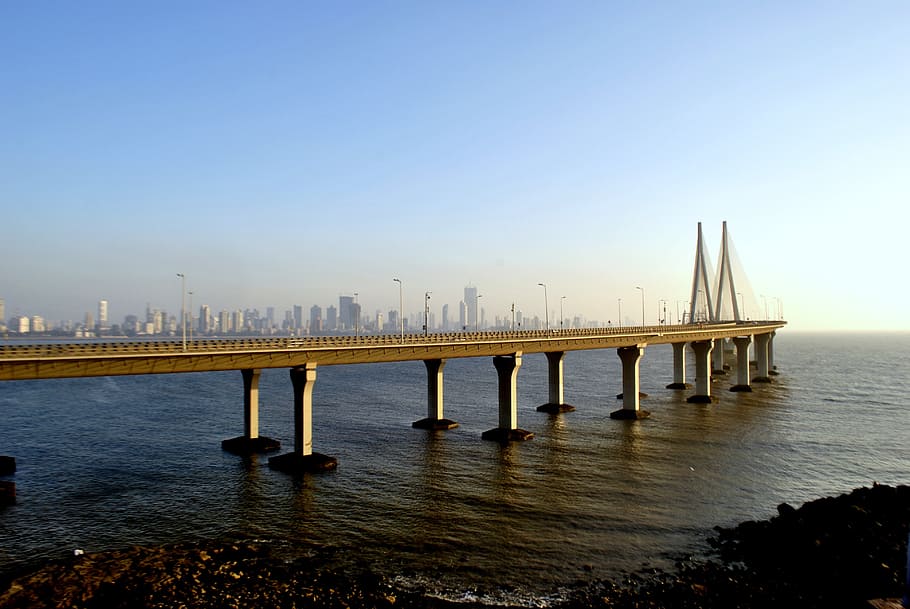 white and gray bridge, rajiv gandhi sea link, suspension bridge, HD wallpaper