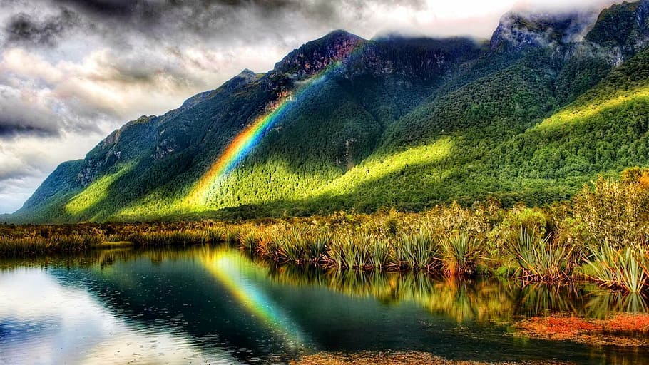 body of water near green mountain, rainbow, nature, landscape HD wallpaper