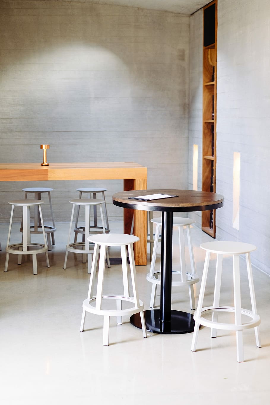 round brown pedestal table, stool, seat, bar, cafe, chair, indoors HD wallpaper