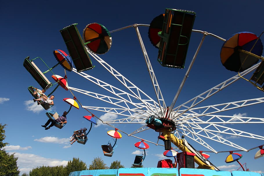 amusement, blue, carousel, sky, swing, umbrellas, wave, recreation HD wallpaper