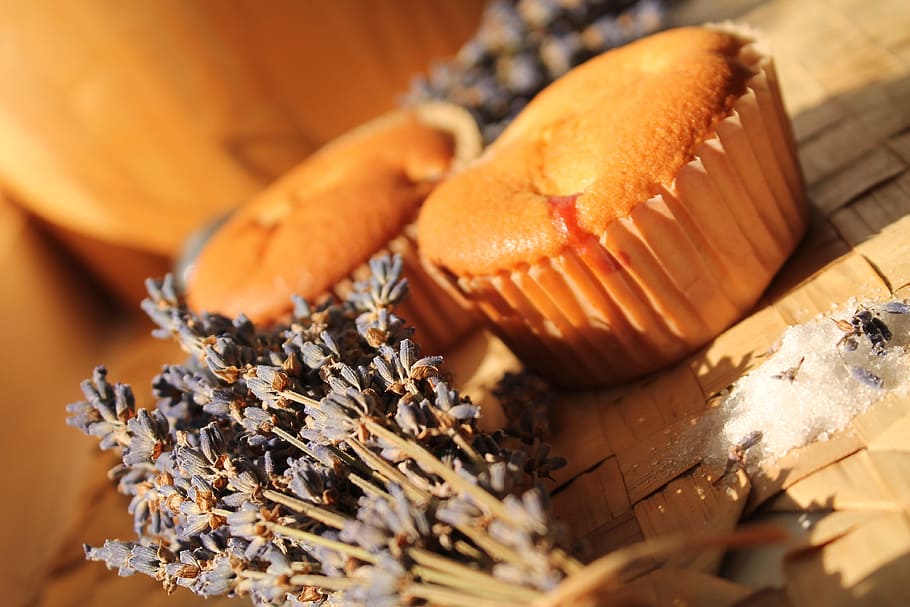 two cupcakes on brown wicker surface, lavender, muffin, food and drink HD wallpaper
