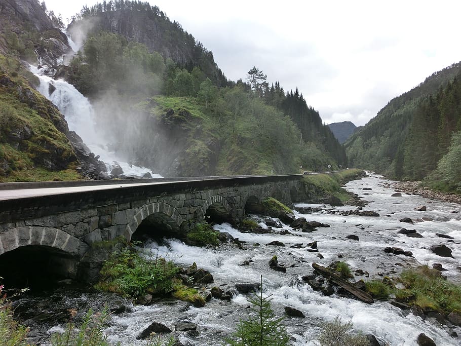Hd Wallpaper Waterfall Bridge Stone Bridge Bach Waters Norway Spray Wallpaper Flare
