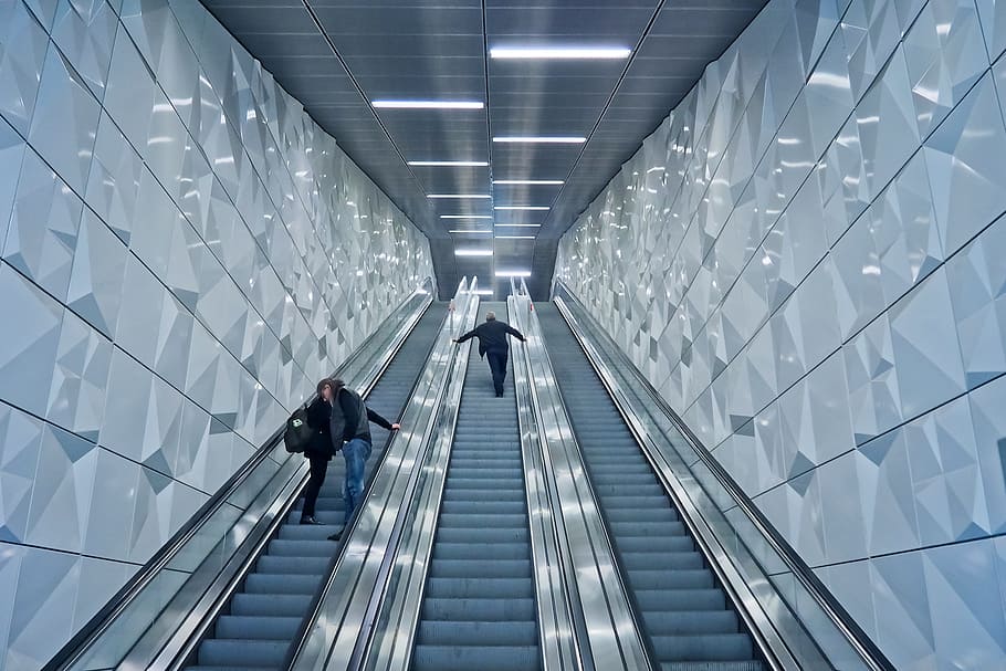 escalator, underground, handrails, metro, movement, roller platform, HD wallpaper