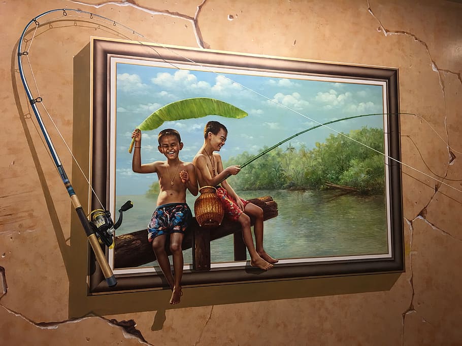 boy and girl holding fishing rod painting, asia, culture, watercolor