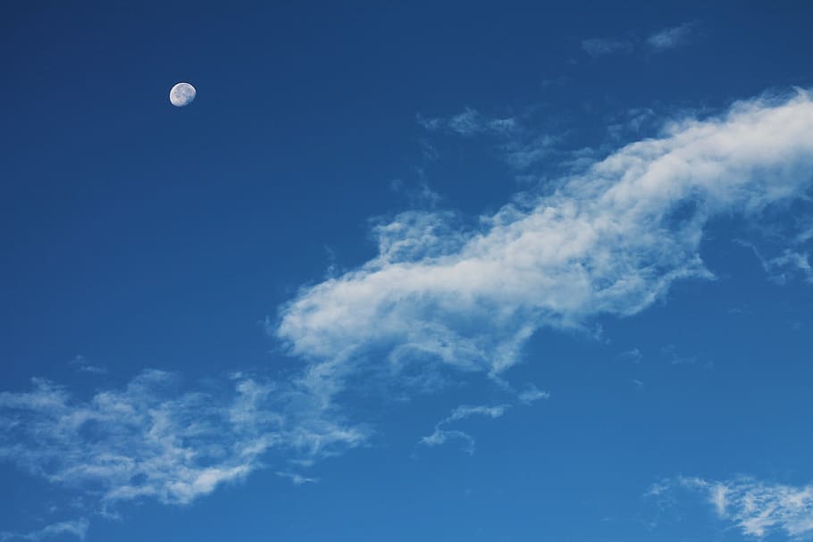 white clouds, moon, sky, sky clouds, blue, clouds sky, blue sky clouds HD wallpaper