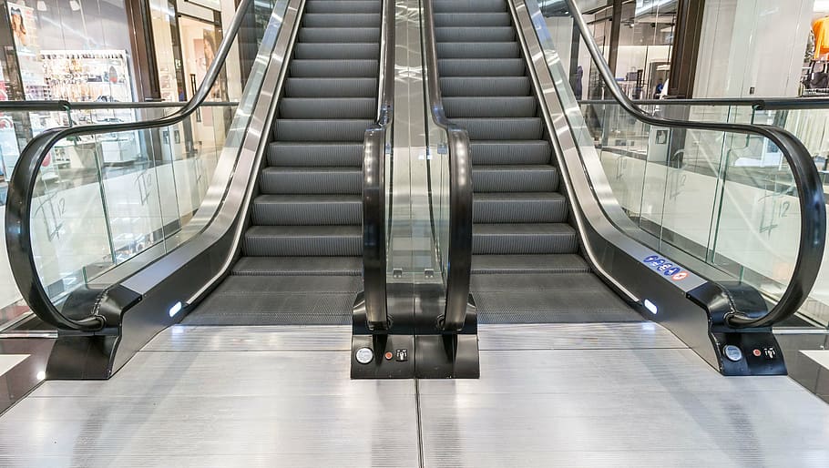 two escalators, stairs, shopping centre, floor, gradually, department store, HD wallpaper