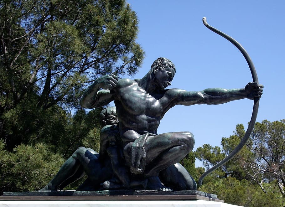 archer statue, bronze, arrow, bow, warrior, man, monument, human, HD wallpaper