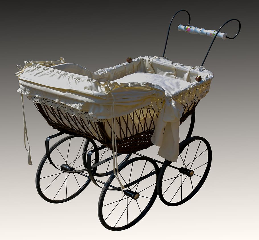 white bassinet with black steel frame, baby carriage, old, nostalgic, HD wallpaper