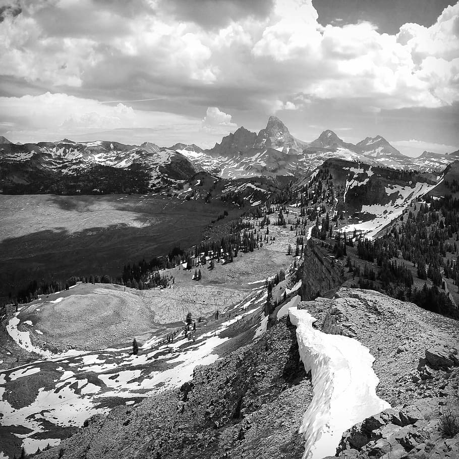 Grand Tetons, bird's-eye view of hills over cloudy sky, landscape HD wallpaper