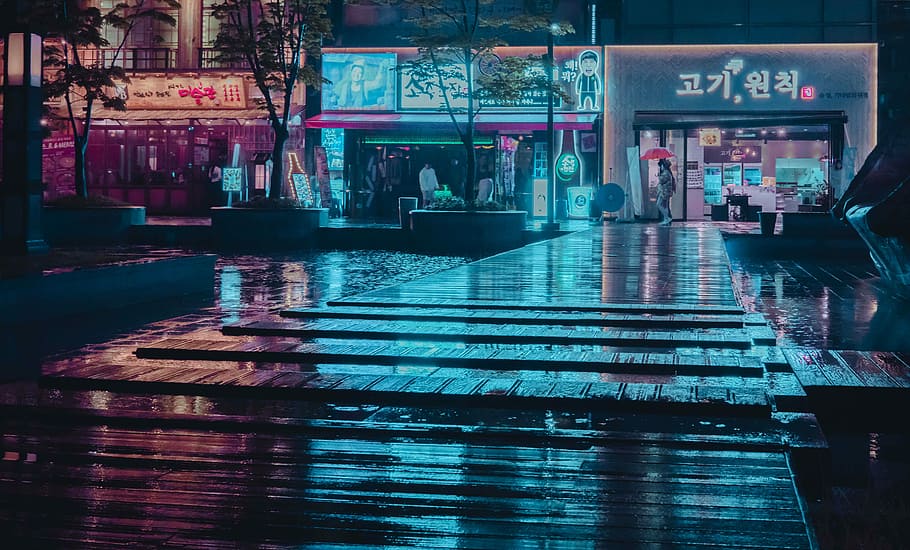 Reflection, storefront during night time, water, neon, neon light