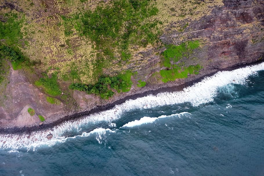 aerial view of seashore near land, top view photo of body of water HD wallpaper