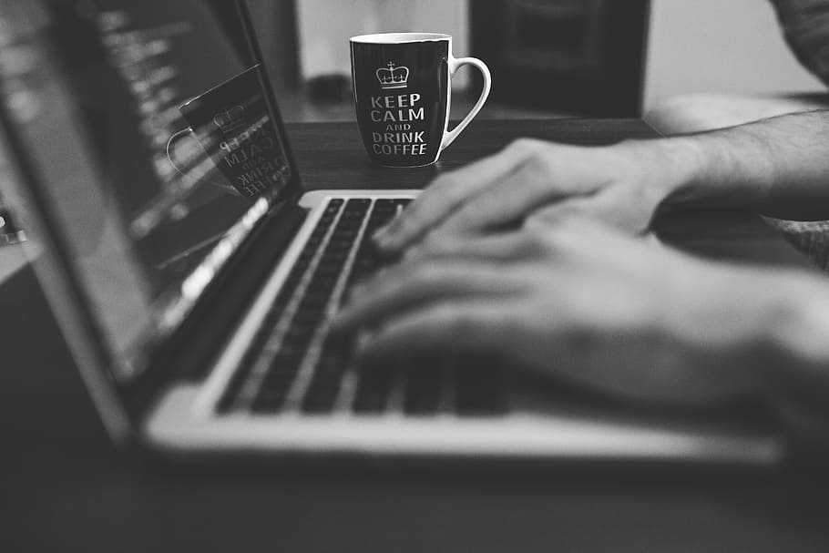 person using laptop computer, apple, cup, electronics, hands HD wallpaper
