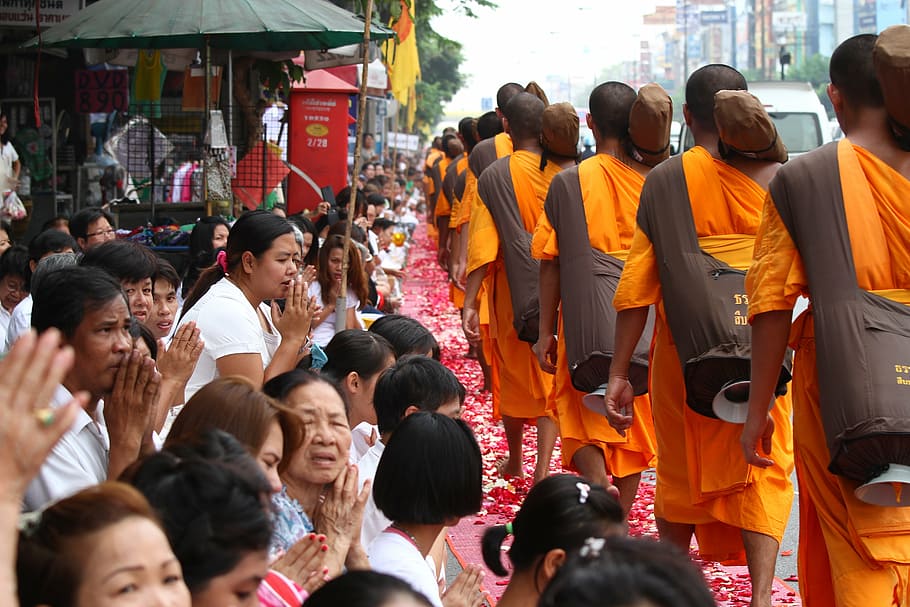 buddhists, walk, monks, tradition, ceremony, thailand, festival, HD wallpaper