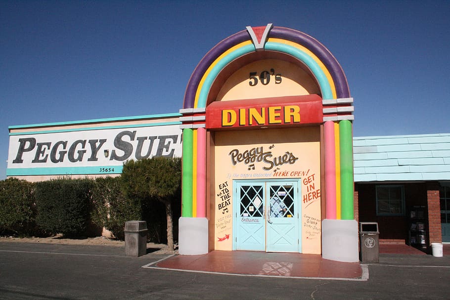 usa, california, mojave, barstow, peggy sue diner, text, western script