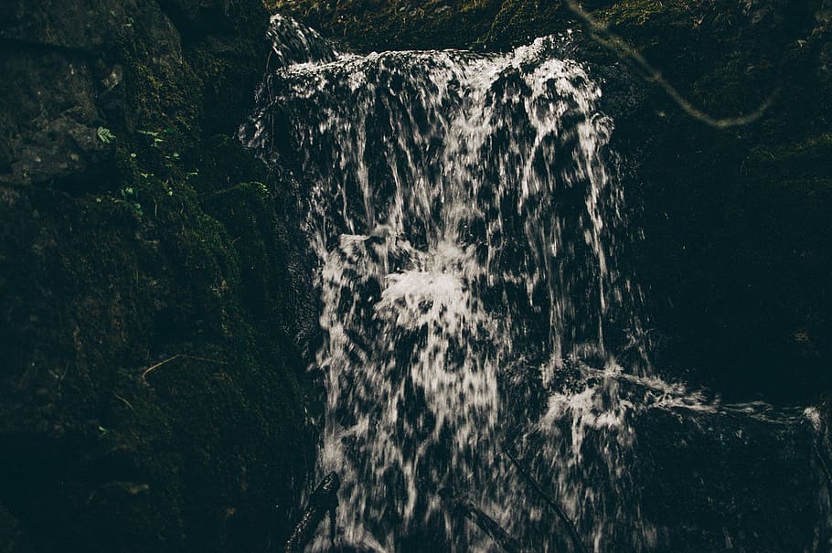 grayscale photo of waterfall, cold, creek, dark, environment HD wallpaper