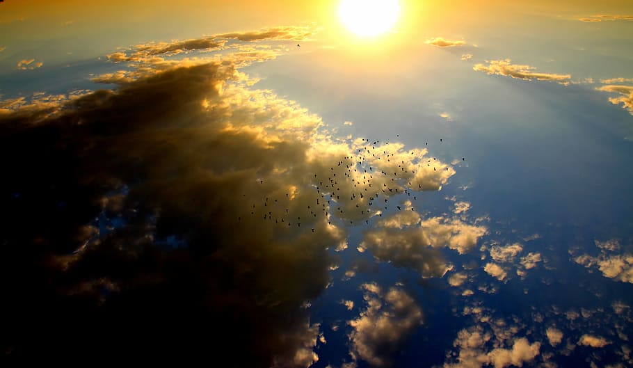yellow sun beside clouds, sunset, birds, sky, red, nature, beauty in nature HD wallpaper