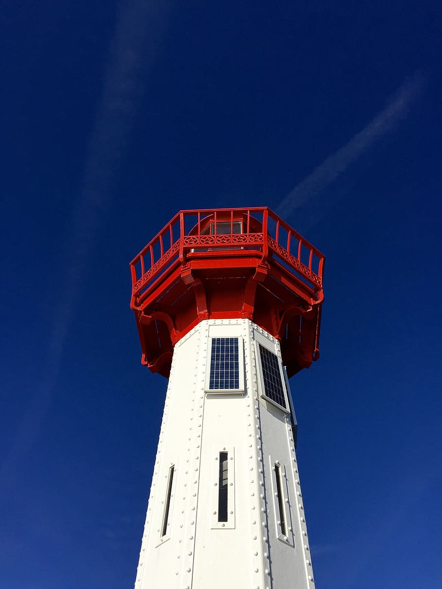 lighthouse, red, white, blue, sky, low angle view, architecture HD wallpaper