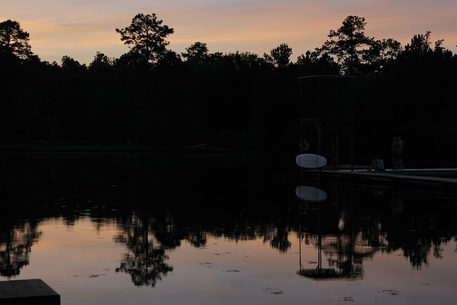 lake, sunset, trees, dock, reflection, beautiful, water, plant HD wallpaper