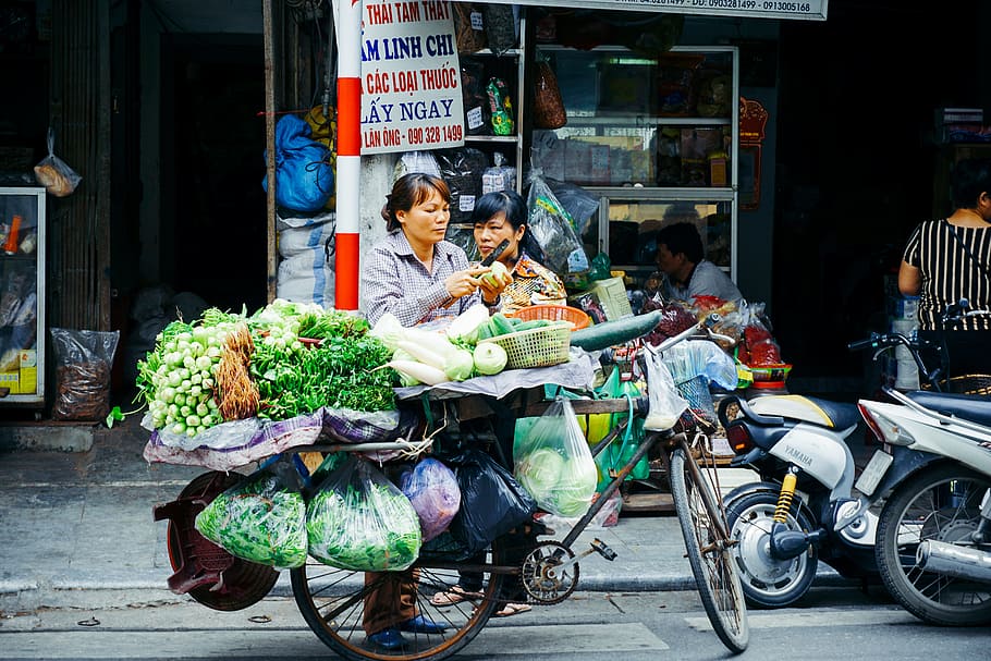 woman slicing vegetable on her bike stand near store, black Dutch bicycle carrying assorted vegetables HD wallpaper