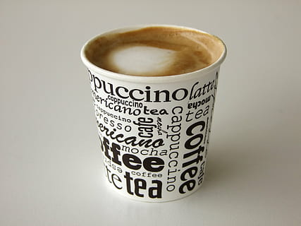cappuccino on disposable cup, coffee, coffee cup, cafe, drink HD wallpaper