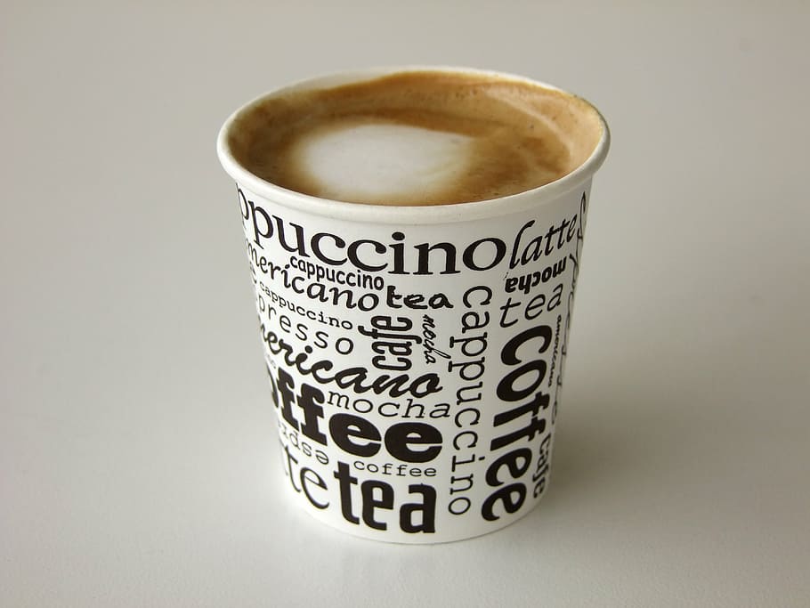 cappuccino on disposable cup, coffee, coffee cup, cafe, drink HD wallpaper