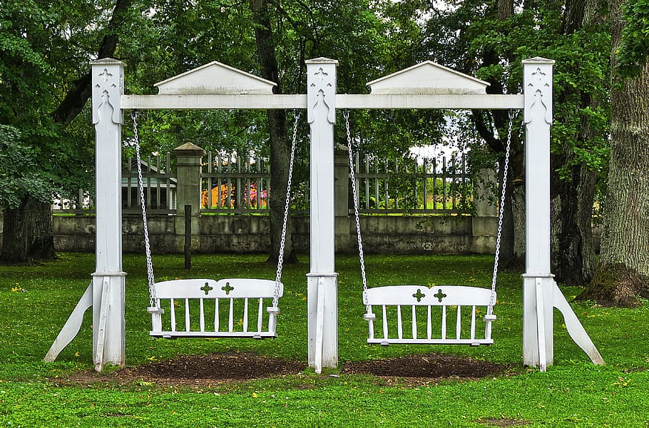 two white wooden bench swings, garden swing, seat swing, swing device
