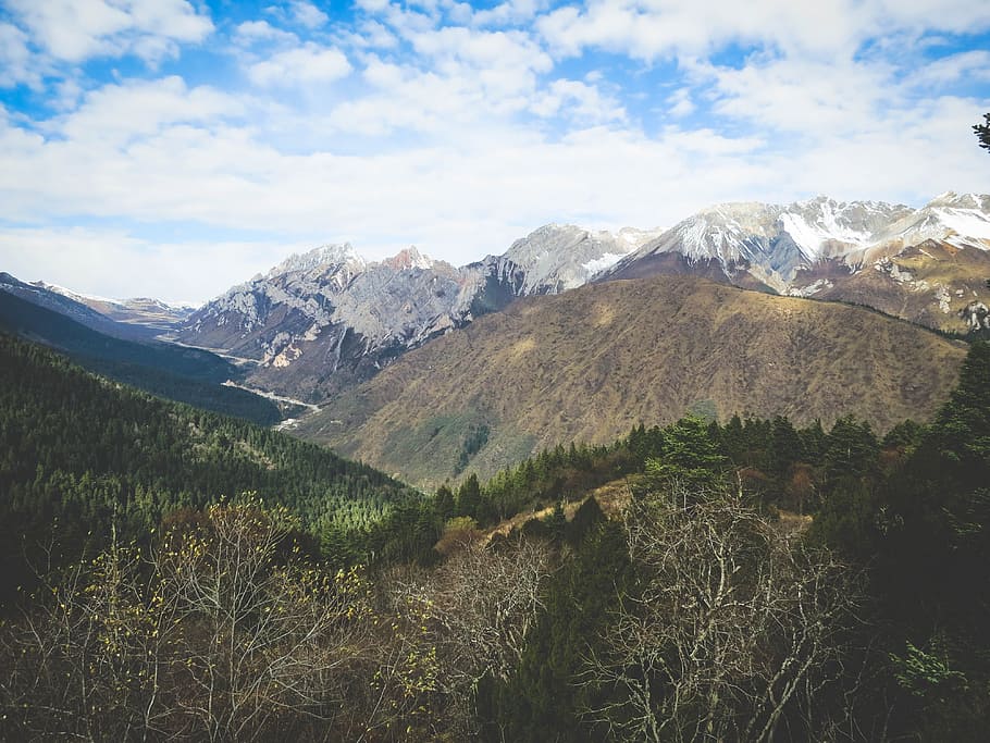 mountains, hills, valleys, trees, landscape, nature, sky, clouds HD wallpaper