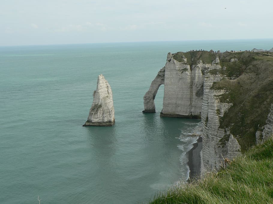 cliffs, sea, etretat, normandy, landscape, water, horizon over water HD wallpaper