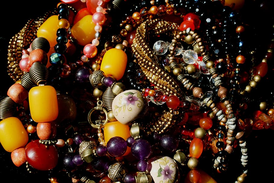 beaded jewelry lot, beads, bead necklaces, multi-colored, amber
