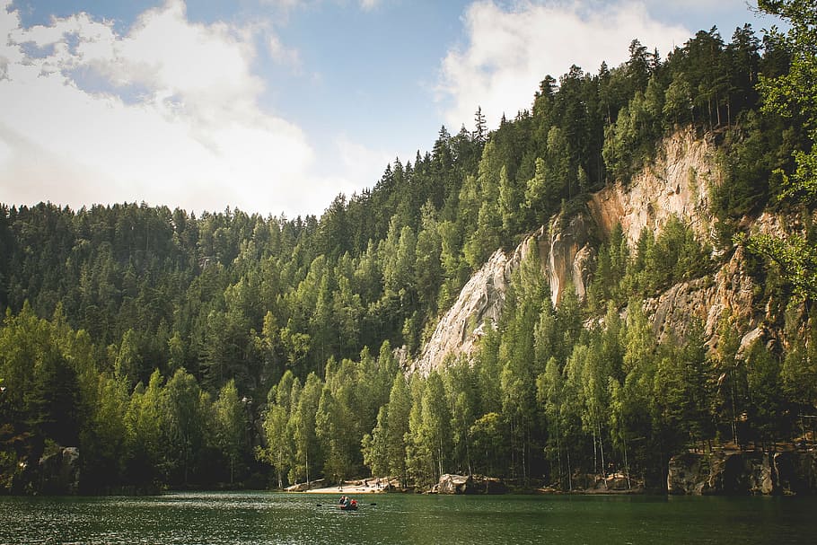 boat near green trees at daytime, lake, rocks, woods, nature, HD wallpaper