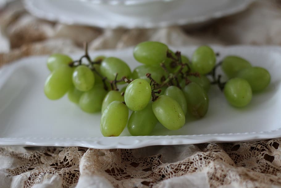 grapes, fruit, green, close-up, green fruit, white china, freshness HD wallpaper