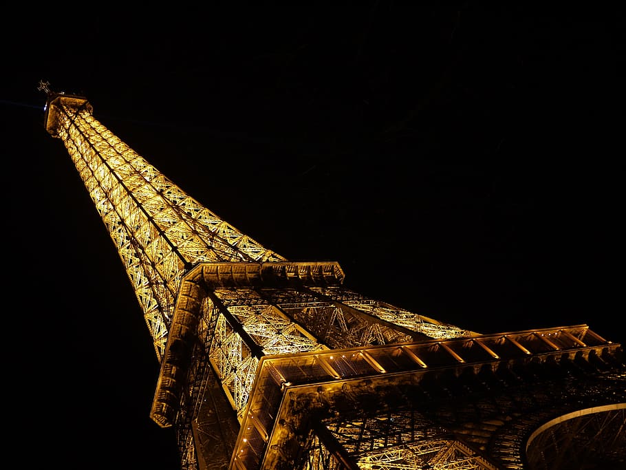 worm's eye view of eiffle tower during nightime, lights, illumination HD wallpaper