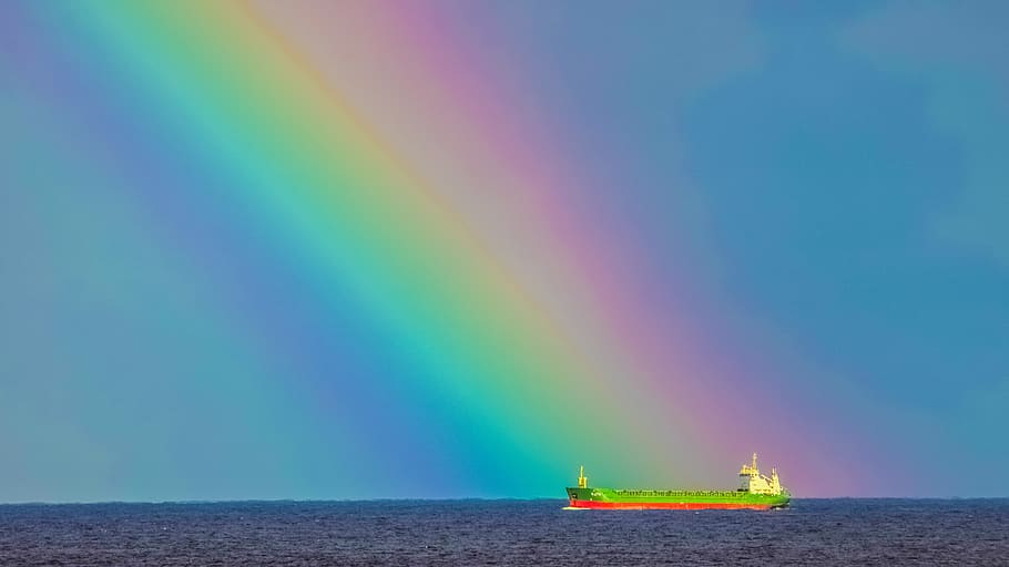 storm, rainbow, ship, sky, horizon, sea, colors, water, nautical vessel HD wallpaper