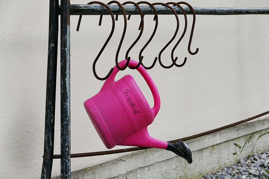 Watering Can, Pink, Frame, Hook, Iron, metal, old, stainless HD wallpaper