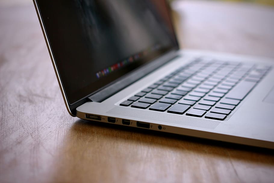 open MacBook with Retina Display on table, port, laptop, computer, HD wallpaper
