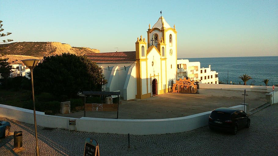 sky, sun, sea, sand, beach, rocks, church, architecture, famous Place HD wallpaper