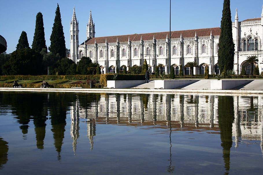 reflections, jerónimos, tourist, architecture, water, built structure HD wallpaper