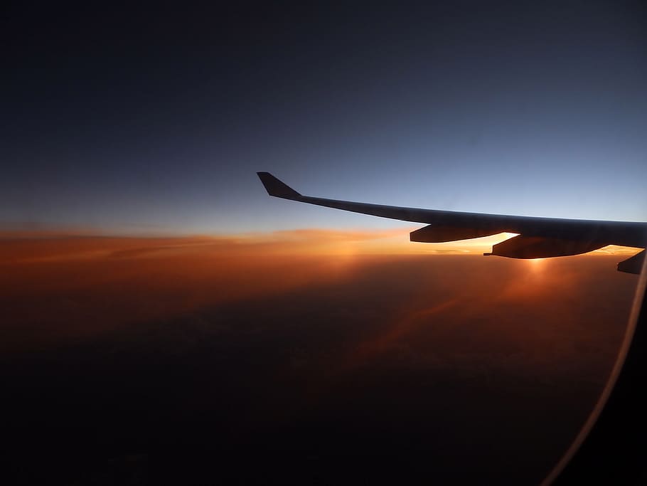 sunset, the plane, wing, clouds, sky, flight, space, air vehicle HD wallpaper