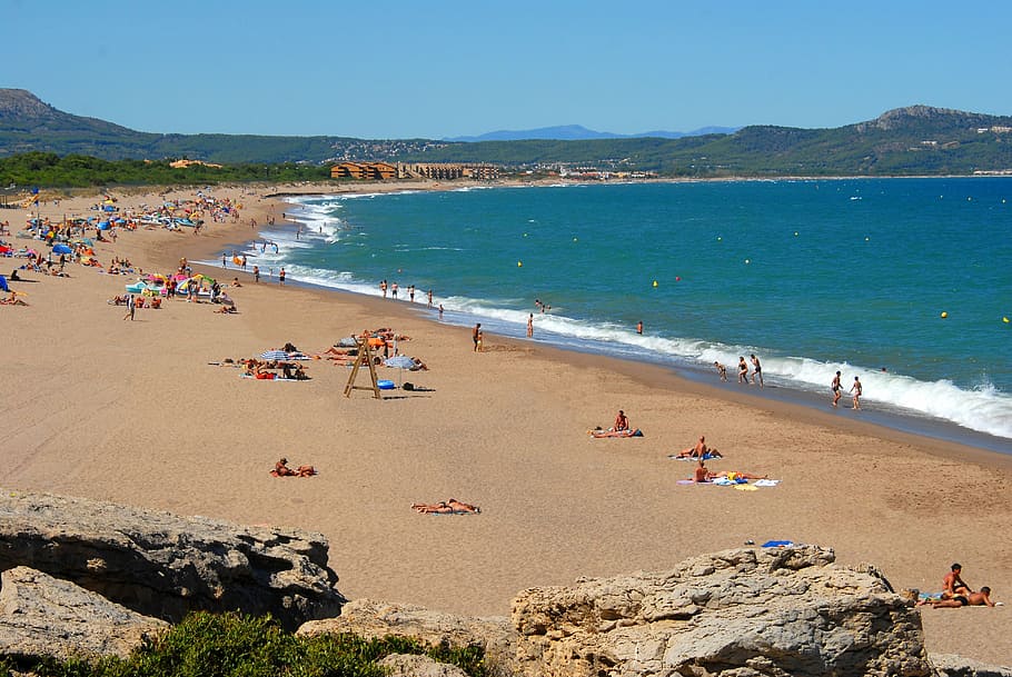 platja, turisme, beach, sea, people, sunbathing, coastline, HD wallpaper