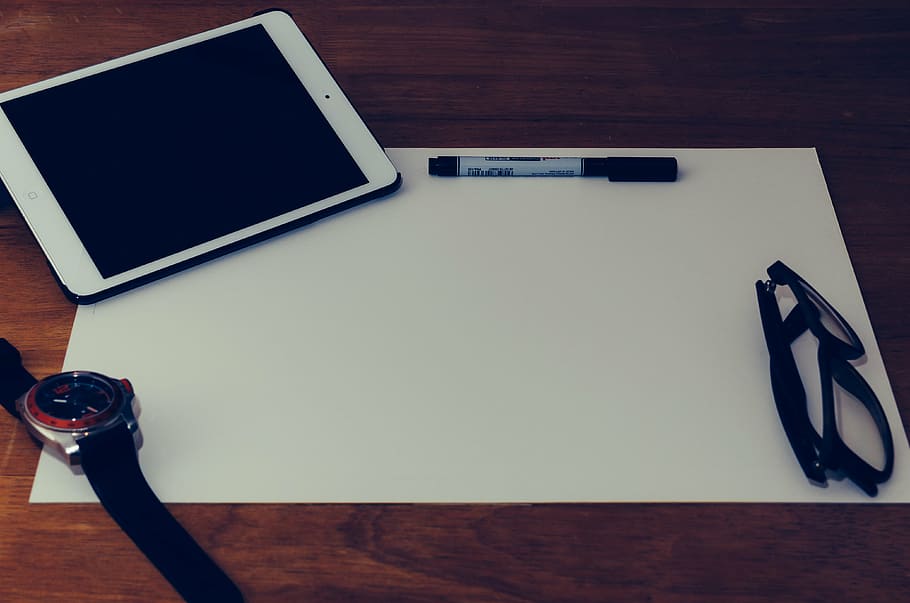 white iPad beside pen on white paper, workstation, moodboard HD wallpaper
