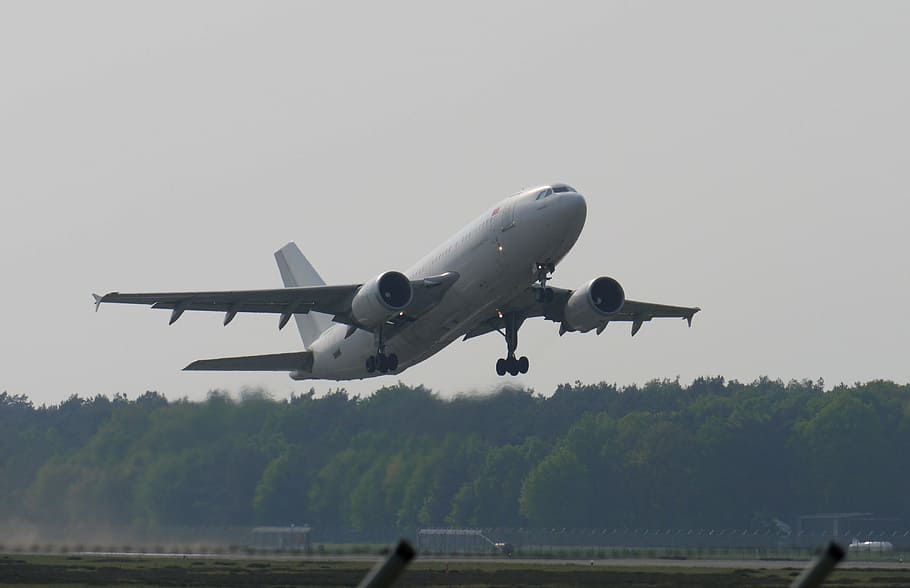 white airliner, flyer, start, take off, aircraft, passenger machine HD wallpaper