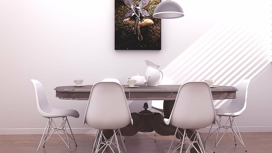 brown dining table on floor near white chairs, rectangular, wooden