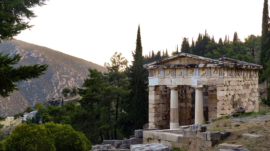 delphi, greece, antique, oracle, temple, treasure, the athenians, HD wallpaper