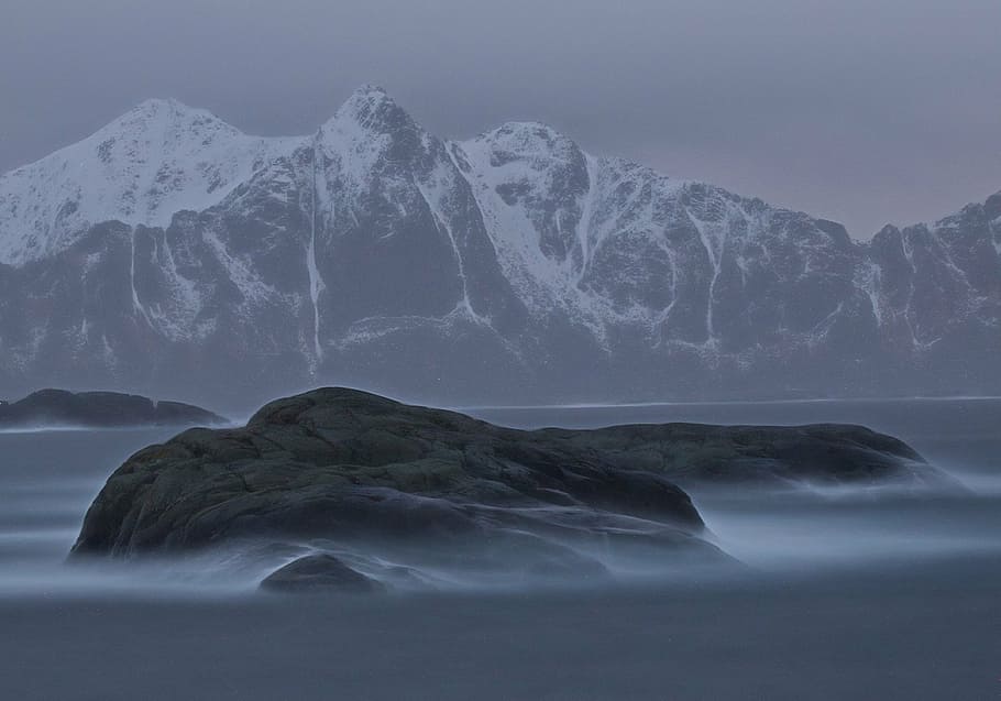cliffs, sea, storm, lofoten, mountain, cold temperature, ice HD wallpaper