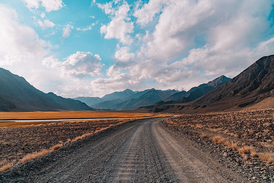 gray road on valley, mountain, sky, clouds, landscape, travel HD wallpaper