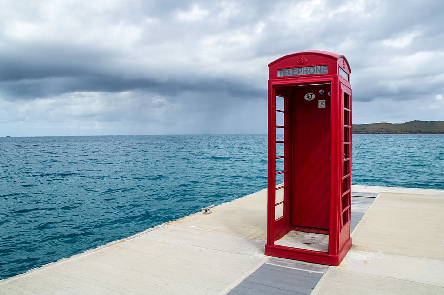 red phone booth on beach dock, phone box, telephone, pier, sea