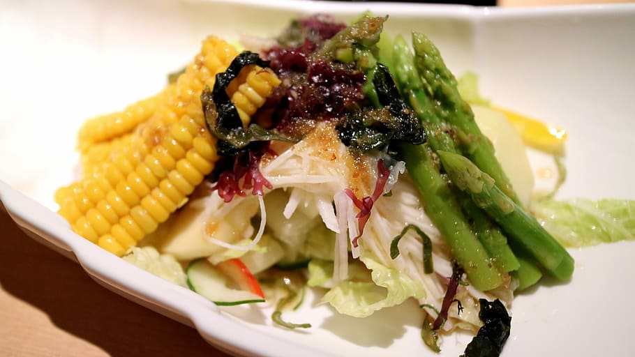 Caesar Salad, Asparagus, Corn, Lettuce, food and drink, close-up HD wallpaper