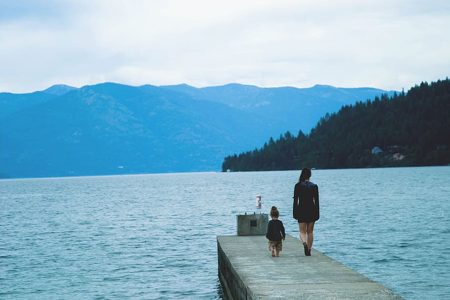 woman and child walking on the dock during daytime, pier, jetty HD wallpaper